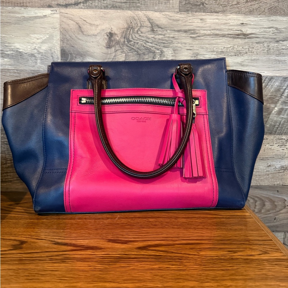 Coach Colorblock Leather Tote in Navy Blue and Hot Pink with Dark Brown Handles